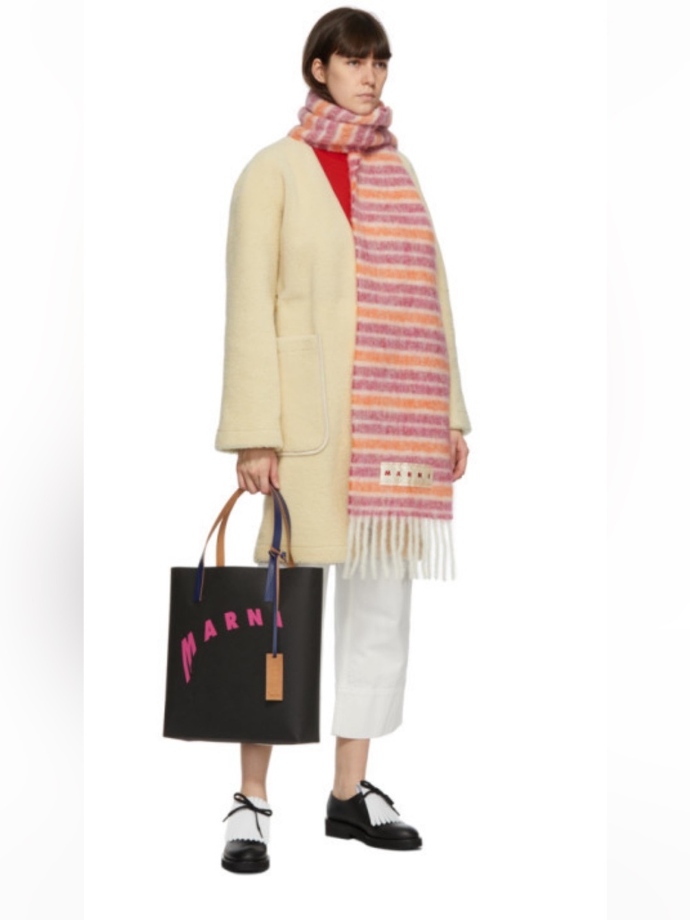 MARNI Striped Alpaca & Mohair Blend Fringed Scarf - Pink/Orange/White